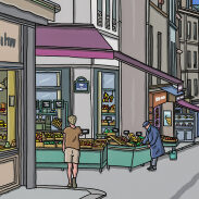 Deux hommes devant un fruitier