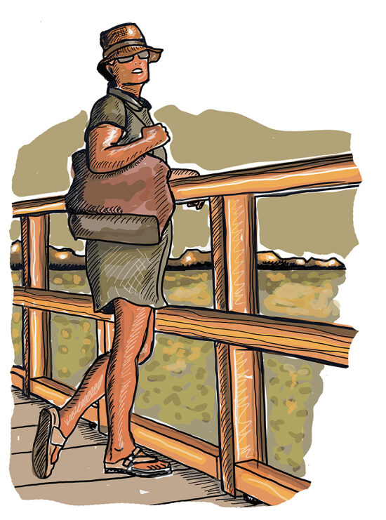 Pensionnaire sur un pont en bois