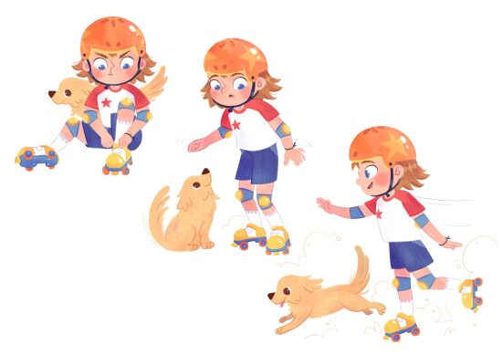 Enfant patineuse avec chien