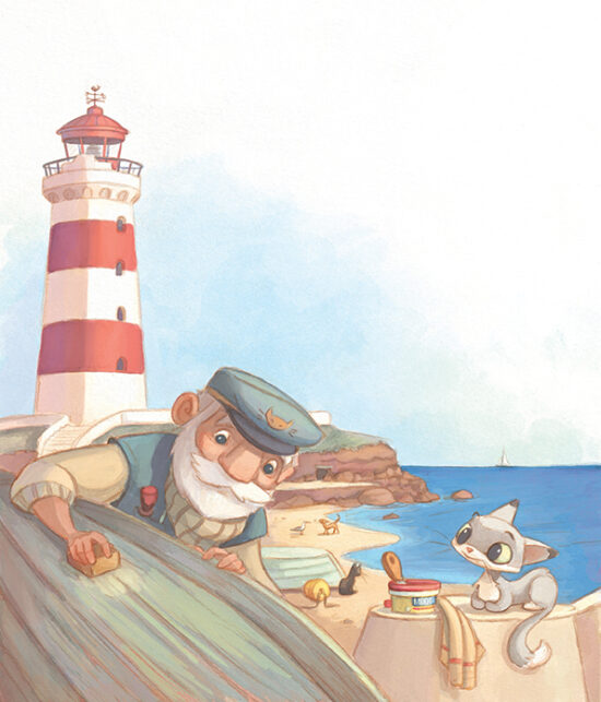 L'homme au nez blanc, le chat gris et la tour blanche et rouge