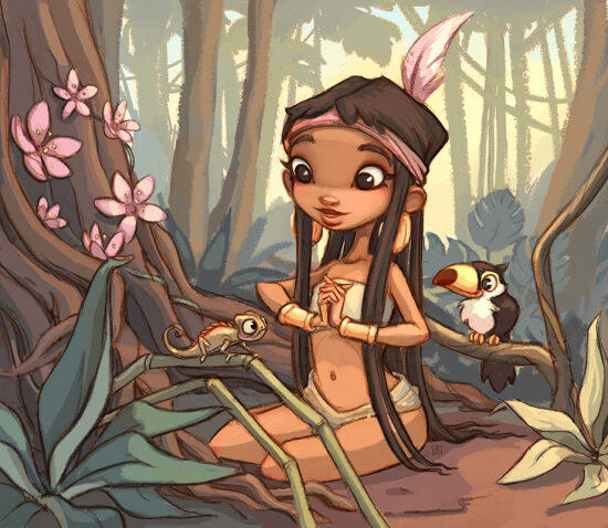 Indienne dans la jungle avec tucan et lézard