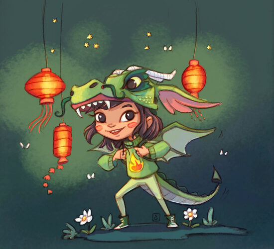 Dragon et enfant dans un parc