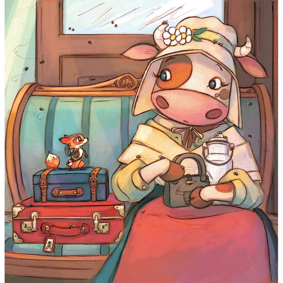 Vache et renard dans un salon