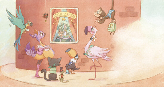 Un groupe de personnages animés dans un café parisien
