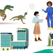 Dinosaures, terrains de morts, bâtiments, femme en blouse et robe, homme en chemise et pantalon, guerrier en armure jaune, maison