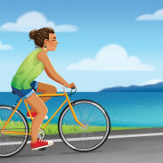 Femme à vélo sur la route le long de la mer