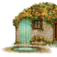 Pavillon en pierre recouvert de vigne et de fleurs