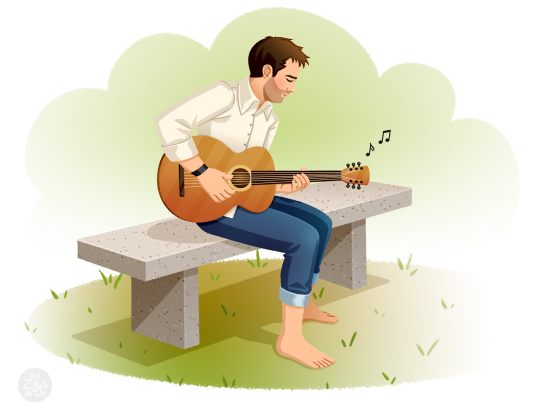 homme jouant de la guitare nu pieds sur banc