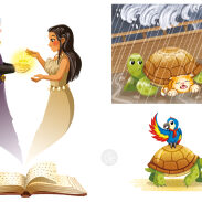 Scène fantastique avec tortues et personnages