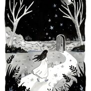 Fille marchant vers une porte nocturne