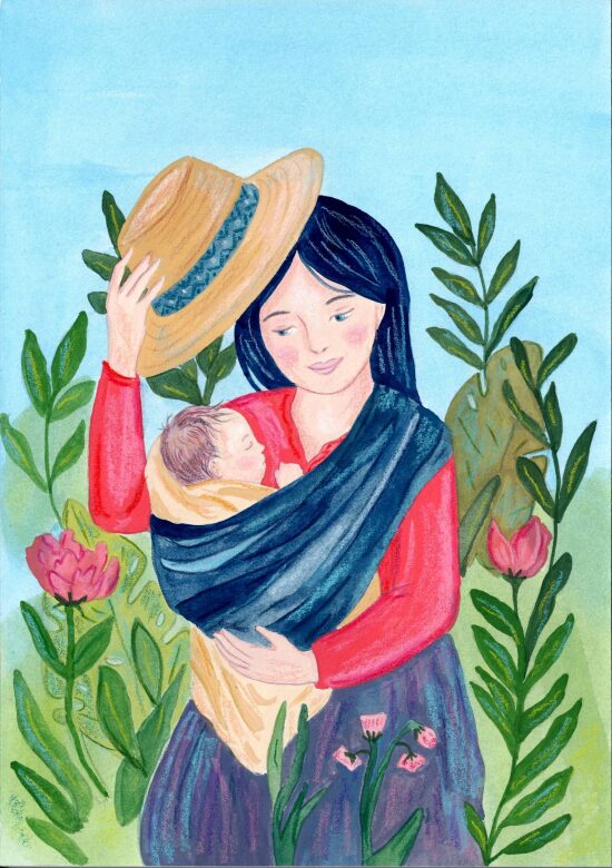 Mère avec bébé dans les fleurs