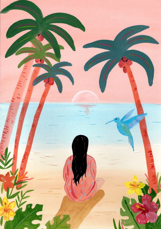 Femme contemplant un coucher de soleil