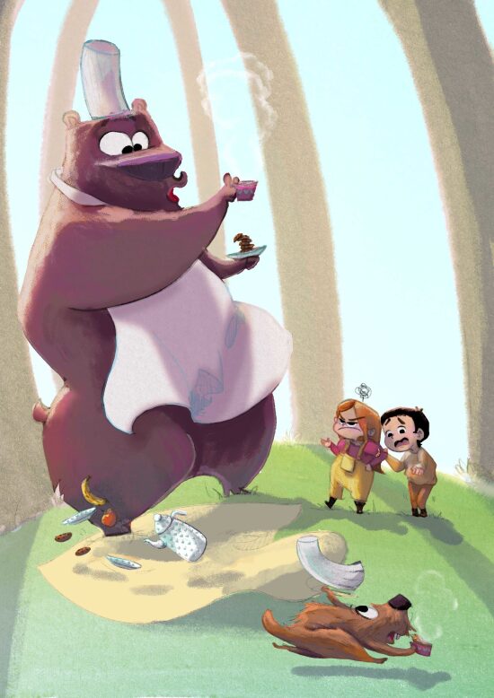 Un ours en chef mangeant un gâteau