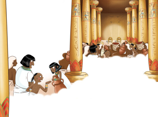 Famille dans une maison à colonnes égyptienne