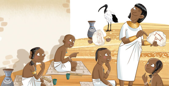 Égypte antique, enfants et homme en tunique blanche