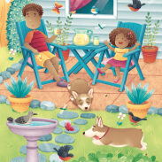 Deux enfants et leurs chiens sur une terrasse